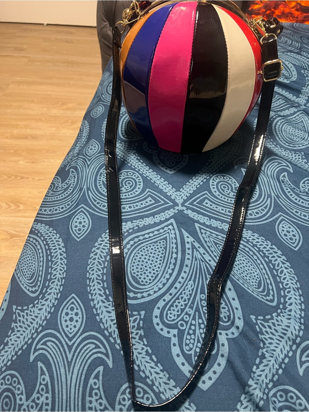 Patent Leather Multicolor Stripe Sphere Shoulder Bag with Black Strap